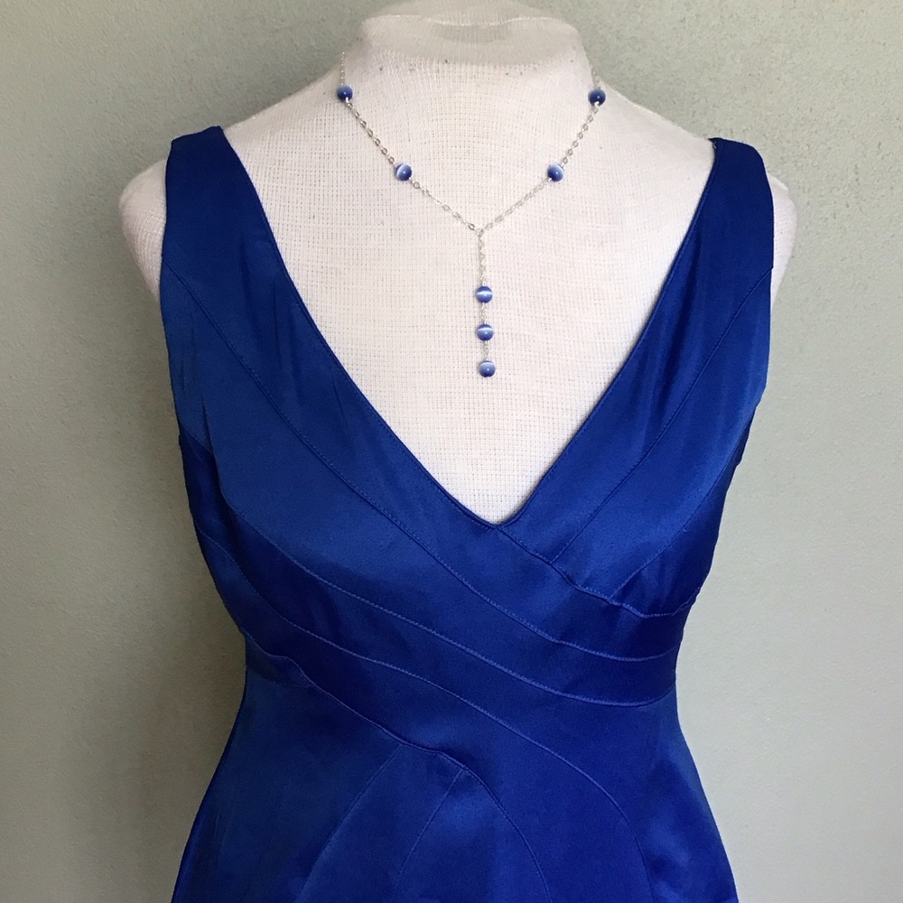 Jones Wear Dress Satin Midi Cobalt Blue V-neck Sheath Dress Size 6